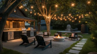 Outdoor kitchen and firepit-anchored seating area under a canopy of dark sky compliant string lights.