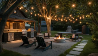 Outdoor kitchen and firepit-anchored seating area under a canopy of dark sky compliant string lights.