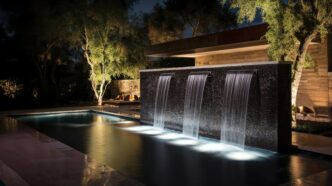 Outdoor home modern water feature fountain waterfall on swimming pool with underwater dramatic lighting.