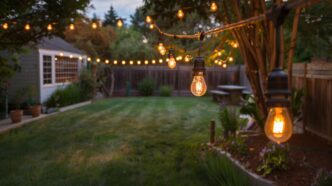 Outdoor incandescent string lights hanging on a line in backyard.