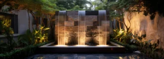 Outdoor lights for home water feature uplighting waterfalls in a peaceful garden.