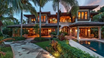 Tropical paradise with lush landscaping, palm trees, and outdoor lighting.