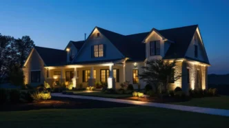 Nighttime scene of a suburban farmhouse with the exterior softly illuminated by landscape lighting, enhancing the architectural details