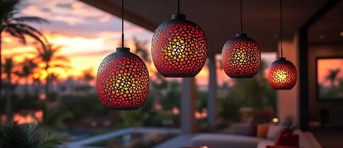 Spherical, exotic orange pendant lights over a patio at sunset with a pool and fire pit in the background.