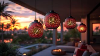 Spherical, exotic orange pendant lights over a patio at sunset with a pool and fire pit in the background.