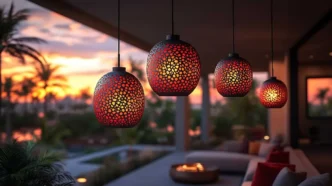 Spherical, exotic orange pendant lights over a patio at sunset with a pool and fire pit in the background.