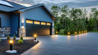 A modern home's garage with blue siding and stone trim, the driveway lined with solar lights.