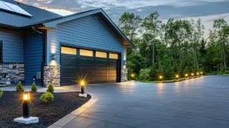 A modern home's garage with blue siding and stone trim, the driveway lined with solar lights.