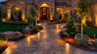 Luxurious modern house exterior with elegant lighting and garden landscaping in the evening.