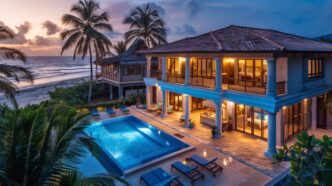 Elegant beachfront villa featuring a swimming pool, palm trees, and stunning ocean views, beautifully illuminated at sunset with outdoor waterproof LED lights.