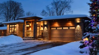 Snow covered modern house in with outdoor and winter lighting around Christmastime.