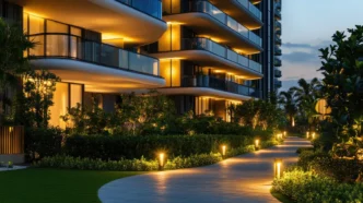 Luxury high-rise apartment with soft, ambient lighting along balconies, path lights leading to a landscaped entrance, and garden lamps enhancing the greenery.