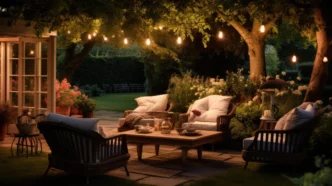 Dimmable outdoor string lights draped over seating area anchored by a lit stone firepit.