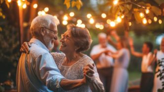 An elderly, bespectacled couple joyfully dances amidst warm lights, surrounded by friends celebrating together in a lovely outdoor setting.