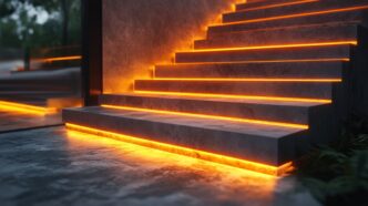 Modern concrete stairs with warm orange strip LED lighting at night.