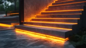 Modern concrete stairs with warm orange strip LED lighting at night.