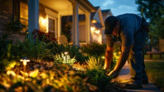 Person installing outdoor pathway lighting fixtures in a residential front yard enhancing curb appeal and safety for nighttime navigation.