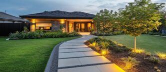 A modest one-story home adorned with accent lights and path lights along a modern walkway.