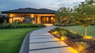 A modest one-story home adorned with accent lights and path lights along a modern walkway.