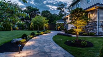 Elegant residential backyard with landscaped garden and pathway illuminated by outdoor garden lighting at dusk.