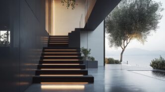 Stunning modern interior featuring illuminated stairs leading to a peaceful outdoor view with trees and water, blending nature with contemporary design for a serene ambiance.