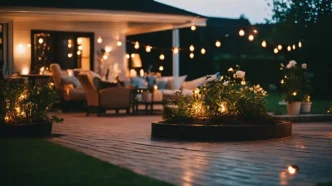 Residential patio at night with uplights illuminating a garden and a seating area under string lights in the background.