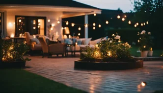 Residential patio at night with uplights illuminating a garden and a seating area under string lights in the background.