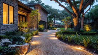 Path lights flanking a serene gravel walkway through a peaceful backyard oasis.