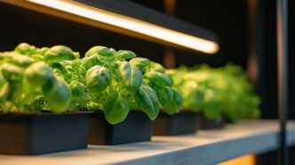 Vibrant basil plants under an indoor grow light.