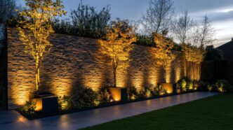 Recessed lights uplighting a flagstone retaining wall and wall adjacent plants and shrubbery.