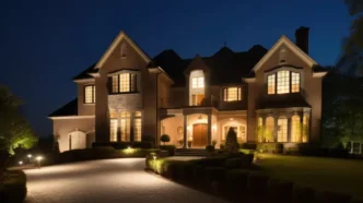 Luxurious mansion with landscape and porch lighting at night.