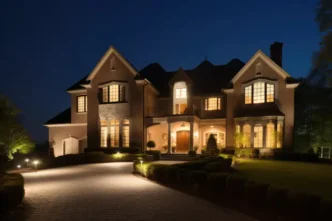 Luxurious mansion with landscape and porch lighting at night.