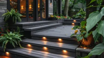 An inviting scene of outdoor stairs with stair lights leading to a modern home, lush plants enhancing the cozy ambiance