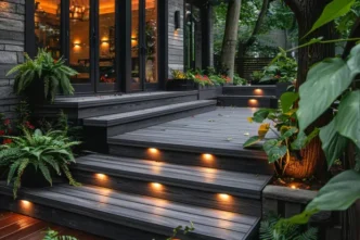 An inviting scene of outdoor stairs with stair lights leading to a modern home, lush plants enhancing the cozy ambiance