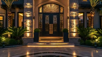 A luxury home entrance with a dramatic uplighting and a custom nameplate.