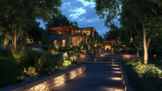athway leading to a contemporary home, illuminated by strategically placed garden lights, creating a warm and inviting atmosphere at dusk, surrounded by lush landscaping
