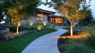 Modern garden path lit with warm lights, contemporary landscape design elements highlighting the structure and flow of the front yard.