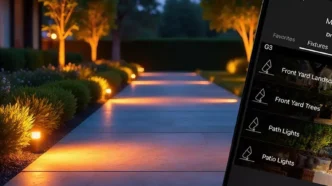 Vibrant, illuminated pathway with a phone opened on an app-controlled lighting screen at the forefront.