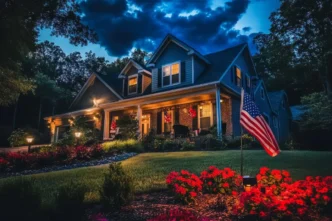 American flag illuminated by uplights in a red flower garden in the foreground of a comfortable middle class home.
