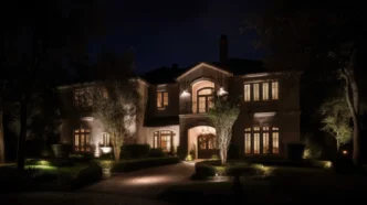 Opulent home at night illuminated by accent lights and floodlights.