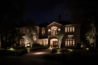 Opulent home at night illuminated by accent lights and floodlights.