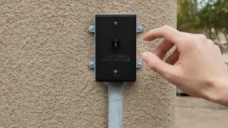 Person programming outdoor lighting timer attached to exterior of house.