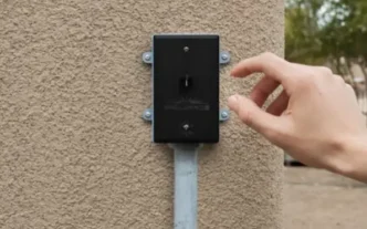 Person programming outdoor lighting timer attached to exterior of house.