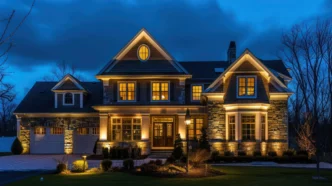 Suburban Colonial home with an elaborate outdoor lighting setup that highlights the architectural features of the house at night