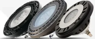 Three different par36 outdoor lighting bulbs against a neutral, monochromatic backdrop.