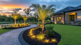 Front yard of house festooned by illuminated palm trees and gardens.