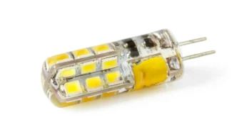 G4 bi-pin light bulb lying horizontally against a clean, white backdrop.