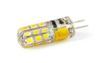 G4 bi-pin light bulb lying horizontally against a clean, white backdrop.