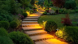 Path lights staggered along a beautiful residential winding, tiered pathway.