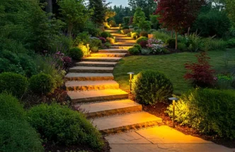 Path lights staggered along a beautiful residential winding, tiered pathway.